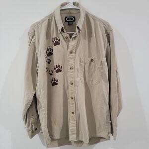 Vintage Mens Button Up Shirt Size Small Cotton Beige Dog Prints Labrador Outdoor